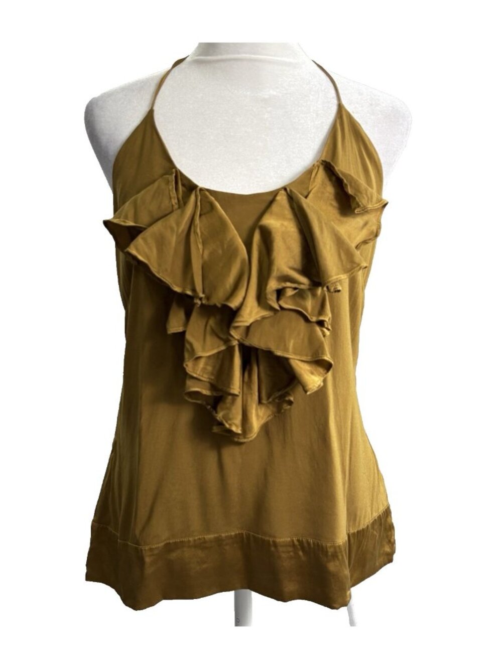 HALE BOB Women Silk Ruffle Ties at Neck Satin Chiffon Halter Top Sz M Gold 20-11